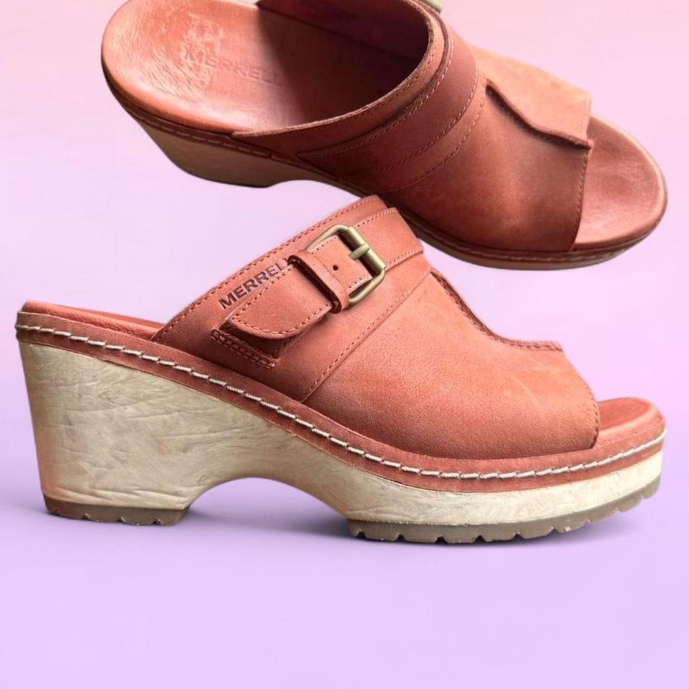 Merrell Rust‎ Leather Platform Clog Sandals Size 7.5 Chunky Mule Comfort Shoes